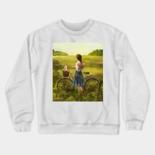 Girl with bike and cat in nature Crewneck Sweatshirt